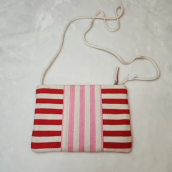 GAP Women's Pink Red & Creme Striped Canvas Zip Strappy CrossBody Bag - Picture 2 of 7